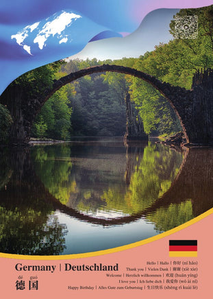 A square graphic print or poster featuring a mirrored, upside-down nature scene of a forest stream with a stone arch bridge, overlaid with a blue map silhouette of Germany on the left and a peach vertical band on the right with German text and a small German flag.
