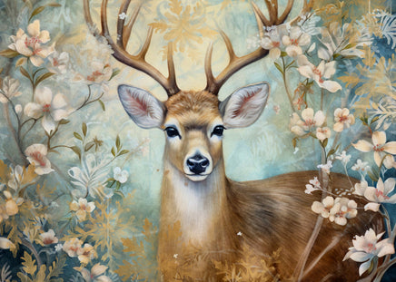 A stylised painting of a deer with large antlers surrounded by soft floral branches in muted pastel tones, with the deer's face centred and filling much of the frame.
