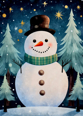 A festive watercolor-style illustration of a snowman wearing a black top hat and a green plaid scarf, standing in a snowy night scene with evergreen trees and gold stars.
