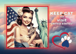 A glossy postcard featuring an illustration of a pin-up style woman with a cat, alongside the Statue of Liberty, representing the United States. The text on the postcard reads 'KEEP CAT and visit UNITED STATES!' with a heart and a paw print graphic.