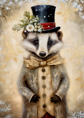 A whimsical painting of a badger dressed in winter attire, wearing a black top hat with white flowers and green leaves, a beige bow tie, and a beige coat, set against a warm, snowy background.