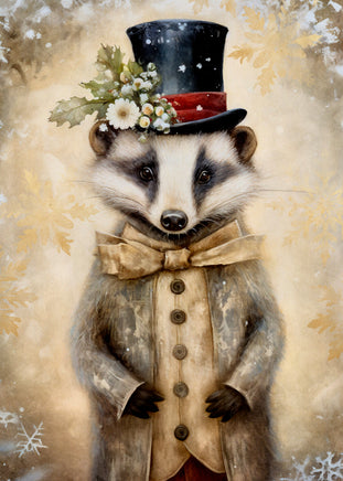 A whimsical painting of a badger dressed in winter attire, wearing a black top hat with white flowers and green leaves, a beige bow tie, and a beige coat, set against a warm, snowy background.