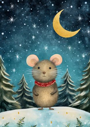 A whimsical illustration of a small gray mouse wearing a red patterned scarf, standing in a snowy landscape at night under a crescent moon and starry sky, with pine trees in the background.