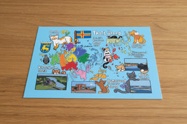 Map of Åland Islands with cartoon animals and landmarks on a blue background