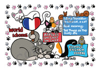 Cartoon illustration of cats with French idioms and flags on a white background with paw prints.
