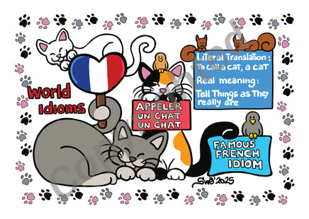 Cartoon illustration of cats with French idioms and flags on a white background with paw prints.