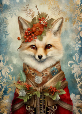 Fox character with floral and decorative Christmas elements on a patterned background