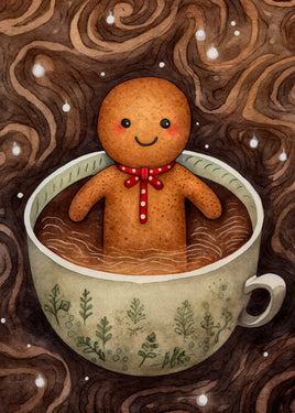 Illustration of a gingerbread man in a mug with a wintery background