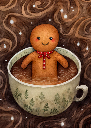 Illustration of a gingerbread man in a mug with a wintery background