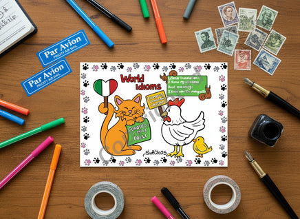Cartoon cat and chicken with Italian flags and signs on a white background with paw prints.