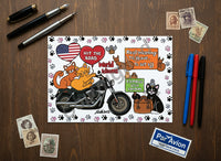Illustration of cats on a motorcycle with various elements including an American flag, hearts, and text.