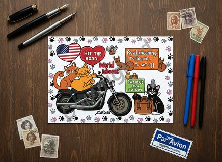 Illustration of cats on a motorcycle with various elements including an American flag, hearts, and text.