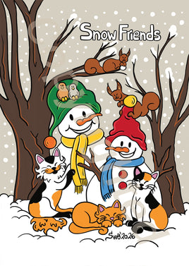 A whimsical cartoon illustration of snowmen and cats playing together on a snowy tree branch in winter. The scene includes snow-covered branches, falling snow, and the text 'Snow Friends' along the left side.