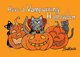 Halloween graphic with the text 'Have a Vampurring Halloween' on an orange background, featuring cartoon pumpkins and three cats. A large translucent diagonal watermark is visible across the artwork, and a signature reading 'Swo2021' appears in the lower right.