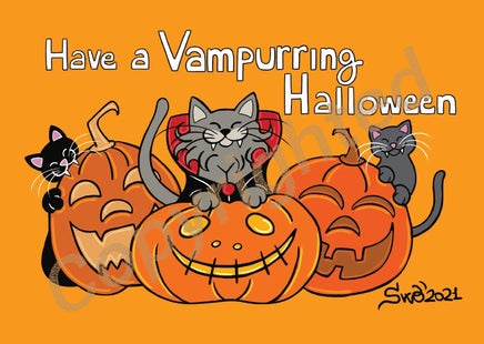 Halloween graphic with the text 'Have a Vampurring Halloween' on an orange background, featuring cartoon pumpkins and three cats. A large translucent diagonal watermark is visible across the artwork, and a signature reading 'Swo2021' appears in the lower right.