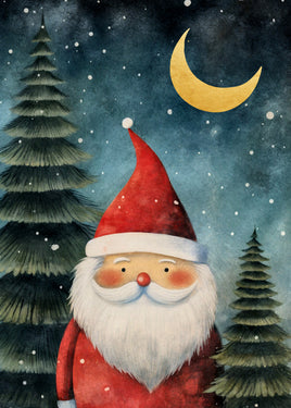 Watercolor-style Christmas artwork showing Santa Claus in a red suit and hat with a white beard, standing between two dark green evergreen trees under a crescent moon and snowy night sky.