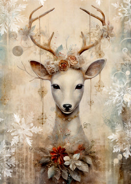 A stylized deer portrait with antlers, surrounded by snowflakes, floral elements, and a textured vintage background. The deer has a cream-white face and neck, with muted tan antlers, soft beige and brown tones, and small red and white floral accents near the base.