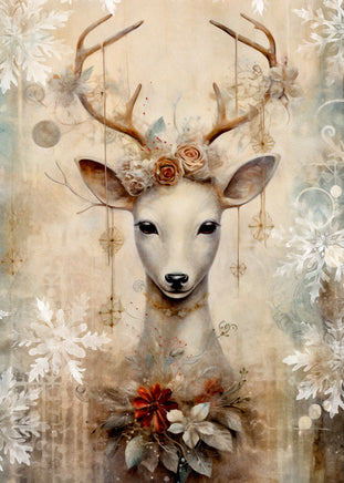 A stylized deer portrait with antlers, surrounded by snowflakes, floral elements, and a textured vintage background. The deer has a cream-white face and neck, with muted tan antlers, soft beige and brown tones, and small red and white floral accents near the base.