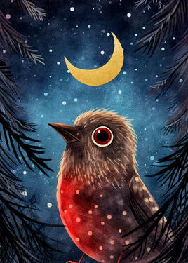 Illustration of a bird under a crescent moon and starry sky.