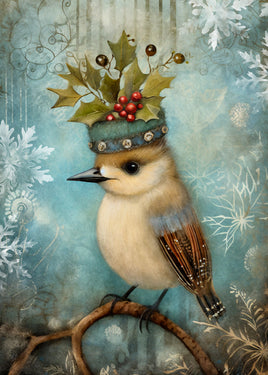 Illustration of a bird with a festive hat featuring holly and berries on a snowy background.
