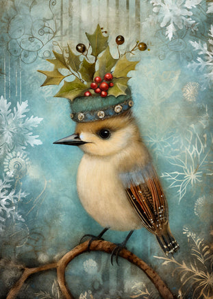 Illustration of a bird with a festive hat featuring holly and berries on a snowy background.