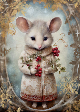 Illustration of a mouse in a decorative frame with berries and leaves