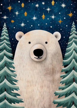 Illustration of a polar bear in a forest with a starry night sky.