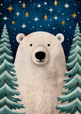 Illustration of a polar bear in a forest with a starry night sky.