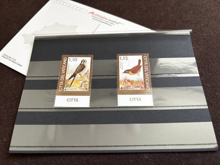 Two vintage Italian civic stamps from Città del Veltano displayed on a striped gray and black presentation card, with a white postmark card in the background.