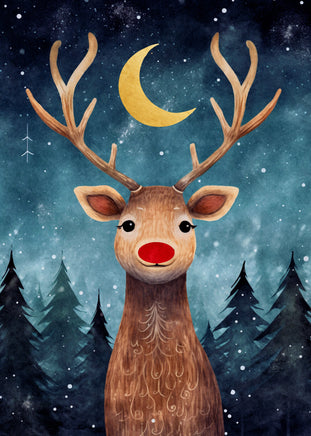 A whimsical illustration of a brown deer with large antlers, a red nose, and a starry night sky background with a crescent moon and dark pine trees.
