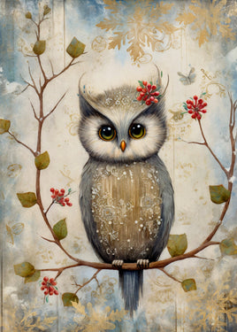 Decorative illustration of an owl on a branch with flowers and leaves.