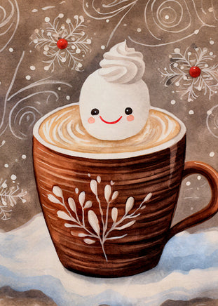 Illustration of a marshmallow with a smiley face in a coffee cup against a winter-themed background.