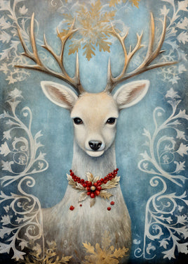 A stylized portrait of a white deer with large antlers, wearing a red berry and gold leaf collar, set against a blue background with white floral scrollwork and gold snowflake motifs.