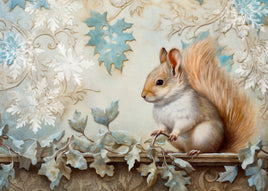 A detailed painting of a brown and white squirrel sitting on a stone ledge, surrounded by blue-gray autumn leaves and a decorative floral background.