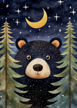 A whimsical watercolor-style illustration of a bear face framed by tall pine trees under a crescent moon and stars.