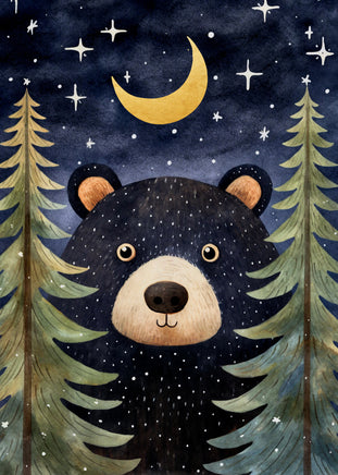 A whimsical watercolor-style illustration of a bear face framed by tall pine trees under a crescent moon and stars.