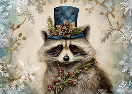 A stylised portrait of a raccoon wearing a dark blue top hat decorated with greenery and a pine cone, with red berries around its neck, set against a soft winter floral background.
