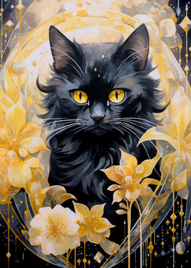 Black cat with yellow eyes surrounded by gold flowers and decorative elements