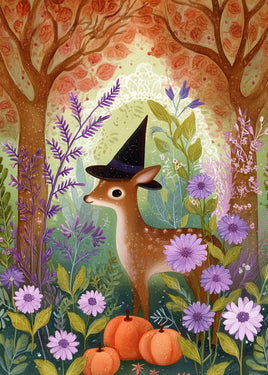 A whimsical illustrated scene of a small deer wearing a black witch hat, surrounded by purple flowers, green leaves, orange pumpkins, and trees with warm autumn foliage in a dreamy forest setting.