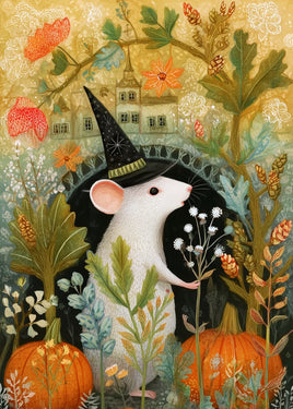 A whimsical illustrated scene featuring a white mouse wearing a black witch hat, standing among autumn plants, pumpkins, flowers, and a dark archway in a detailed fantasy-style setting.