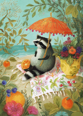 A whimsical illustrated scene of a raccoon sitting under a bright orange parasol on a floral blanket, surrounded by fruit, flowers, leaves, and a turquoise background.