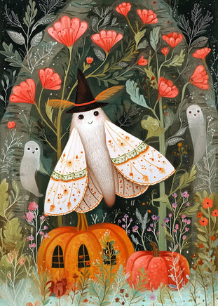 A whimsical Halloween-style illustration featuring a white moth wearing a witch hat, surrounded by orange pumpkins, red flowers, and small ghost figures in a dark, floral forest background.
