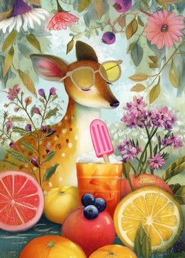 A whimsical illustrated scene featuring a deer wearing yellow sunglasses, surrounded by fruit slices, flowers, leaves, and a pink popsicle in a glass. The artwork is colorful and decorative, with no visible packaging or real environment.