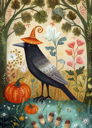 A whimsical illustrated scene featuring a black raven wearing an orange witch hat, standing among pumpkins, flowers, acorns, and leafy trees in a decorative autumn forest.