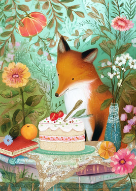 A whimsical illustrated scene featuring a fox behind a decorated cake on a table, surrounded by flowers, leaves, books, and a blue glass bottle against a mint green background.