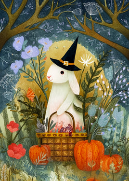 A whimsical illustrated scene of a white rabbit wearing a black witch hat and holding a basket, surrounded by pumpkins, flowers, foliage, and tree branches in a fantasy woodland setting.