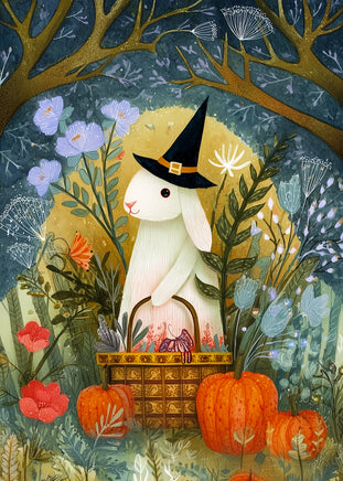 A whimsical illustrated scene of a white rabbit wearing a black witch hat and holding a basket, surrounded by pumpkins, flowers, foliage, and tree branches in a fantasy woodland setting.