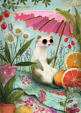 A whimsical illustrated scene of a white ferret wearing round black sunglasses, sitting under a pink parasol on a turquoise blanket. The setting is lush with tropical plants, flowers, cherries, citrus slices, and pink berries, rendered in a colorful collage-style art print.