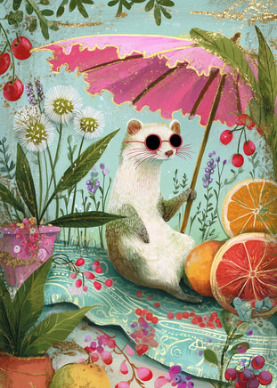 A whimsical illustrated scene of a white ferret wearing round black sunglasses, sitting under a pink parasol on a turquoise blanket. The setting is lush with tropical plants, flowers, cherries, citrus slices, and pink berries, rendered in a colorful collage-style art print.