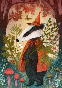 A whimsical illustrated scene of a badger dressed as a wizard, wearing an orange pointed hat and a red patterned cape, standing in a forest with mushrooms, leaves, flowers, and a butterfly.